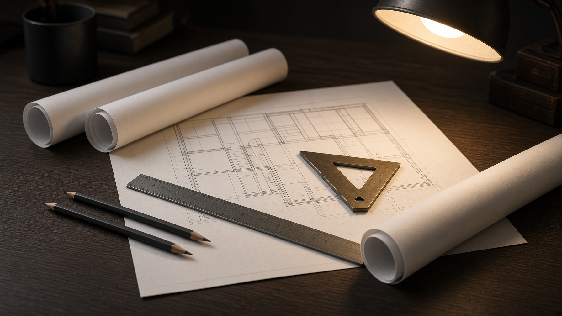 Construction drawings and scale rule on a dark oak table