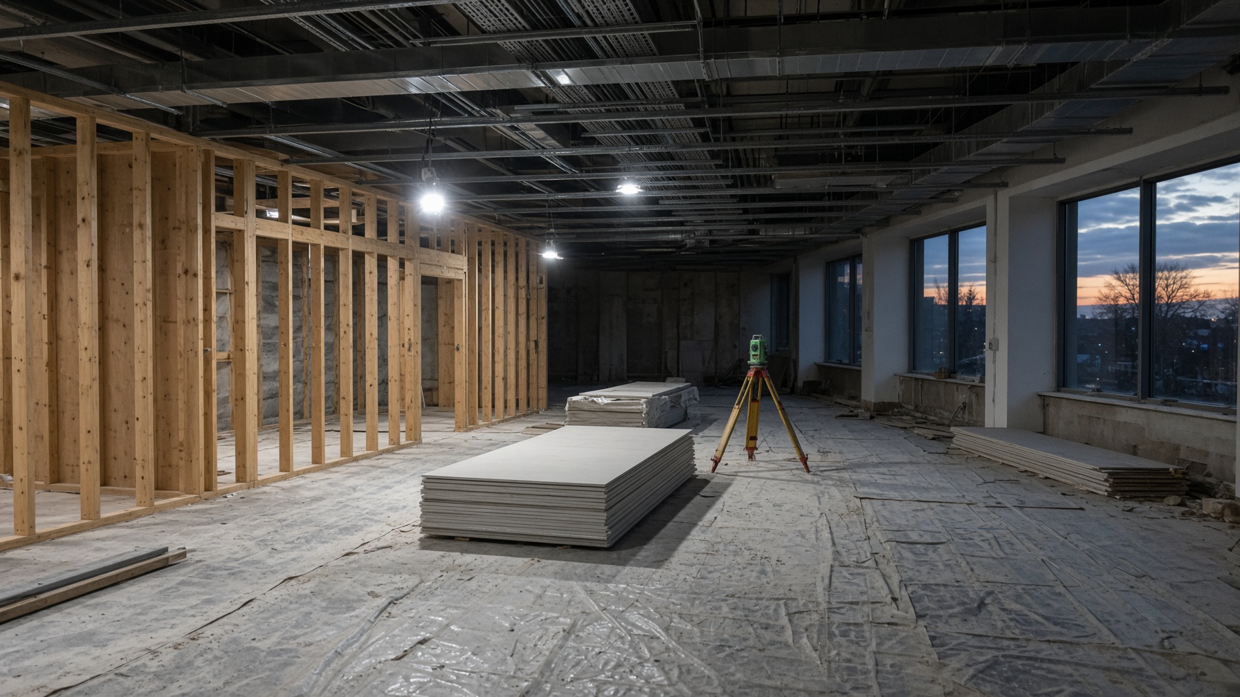 Commercial interior mid fit-out, exposed services and timber studs