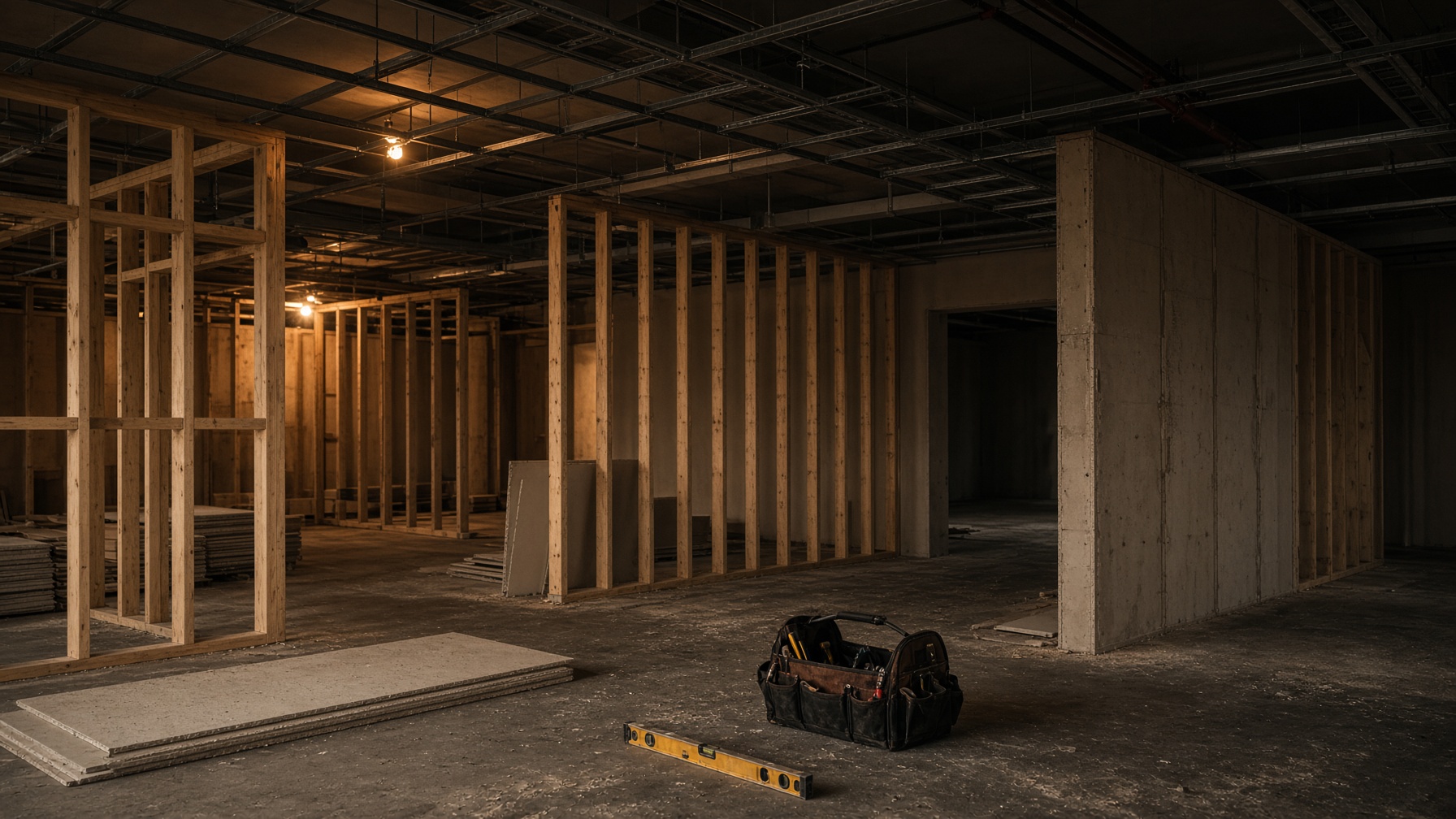 Commercial fit-out in progress: timber studs, exposed ceiling, tools on the floor