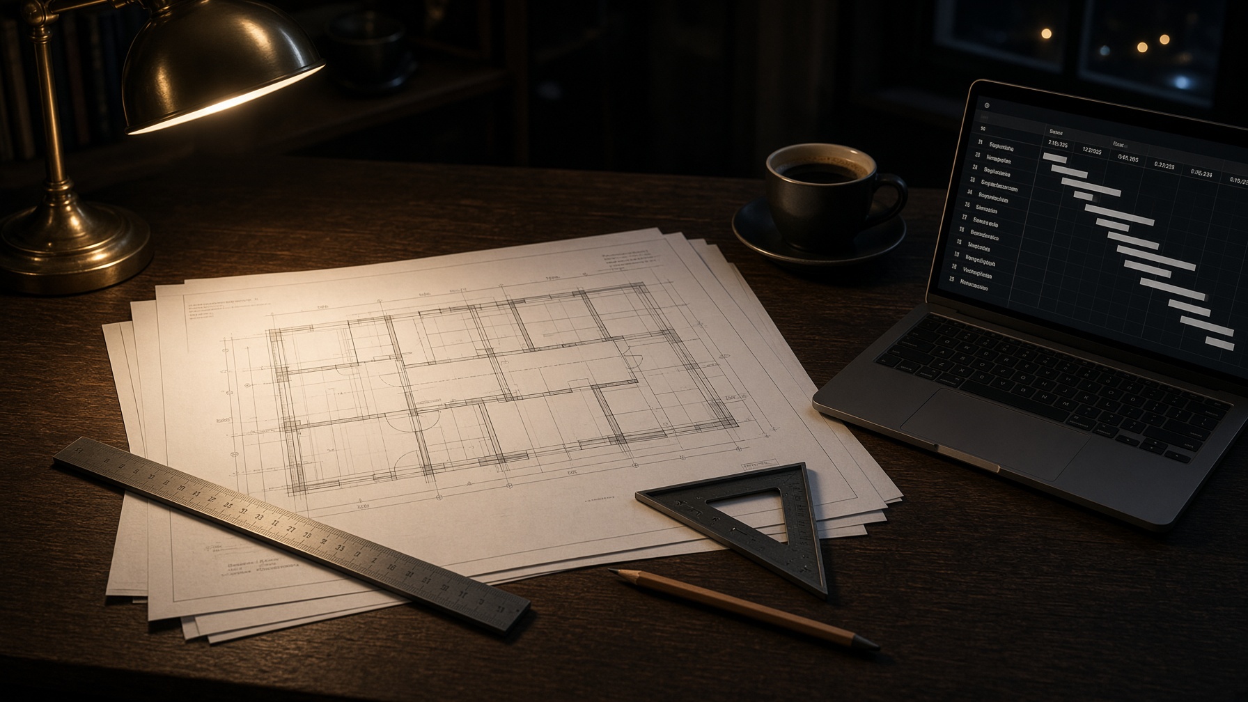 Contractor’s desk: drawings, scale rule and a programme of works on a laptop
